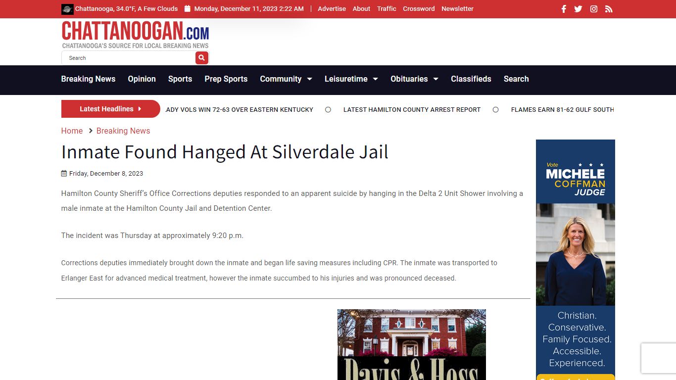 Inmate Found Hanged At Silverdale Jail - Chattanoogan.com